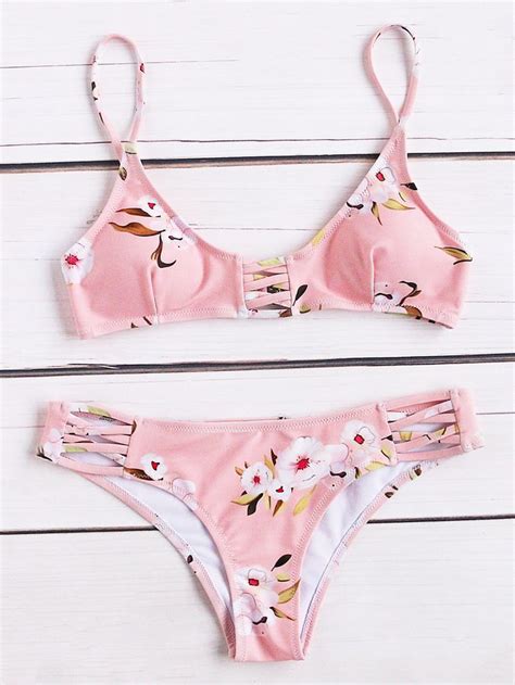 Shein Pink Floral Print Crisscross Detail Bikini Set Bikinis Pink