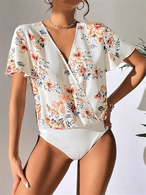 Floral Print Surplice Neck Butterfly Sleeve Bodysuit Comfy Jumpsuits