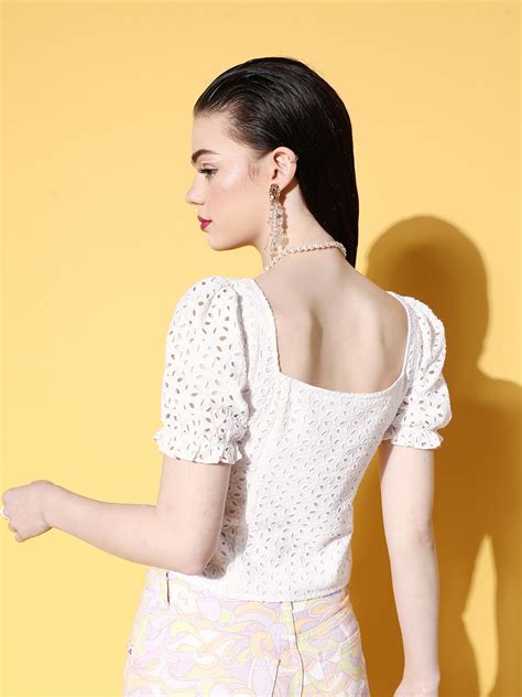 Women Solid White Sweetheart Neck Puff Sleeve Woven Schiffli Cropped