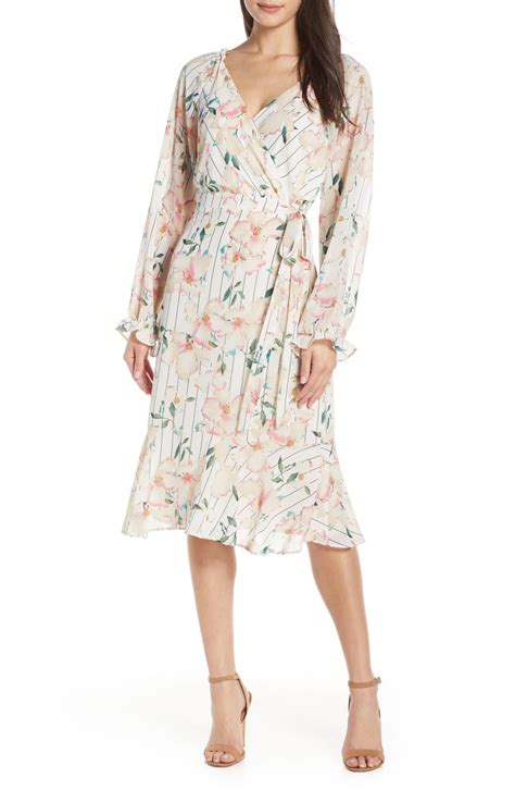 Chelsea28 Stripe And Floral Long Sleeve Faux Wrap Midi Dress Nordstrom