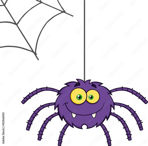 Smiling Purple Halloween Spider Cartoon Character On A Web Stock Vector ...