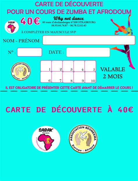 CARTE DE DÉCOUVERTE POUR UN COURS DE ZUMBA OU AFRO DOUM Bienvenue