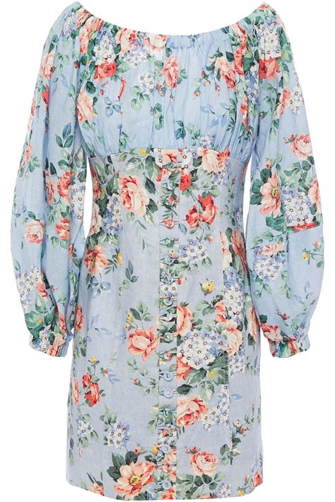 Zimmermann Bowie Off The Shoulder Floral Print Linen Mini Dress The