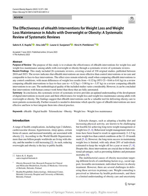 Pdf The Effectiveness Of Ehealth Interventions For Weight Loss And Weight Loss Maintenance In