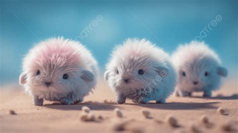 Three Fluffy Squirrels Walking Through The Sand Background Mites Blue