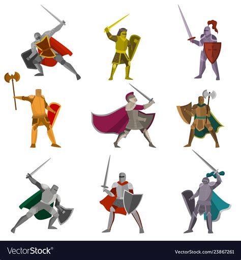 Set of color knights in different poses hand axes Vector Image