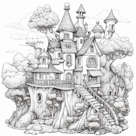 Un Dibujo En Blanco Y Negro De Un Castillo En El Bosque Generativo Ai