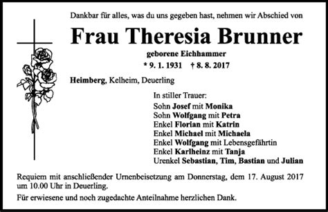 Traueranzeigen Von Theresia Brunner Mittelbayerische Trauer