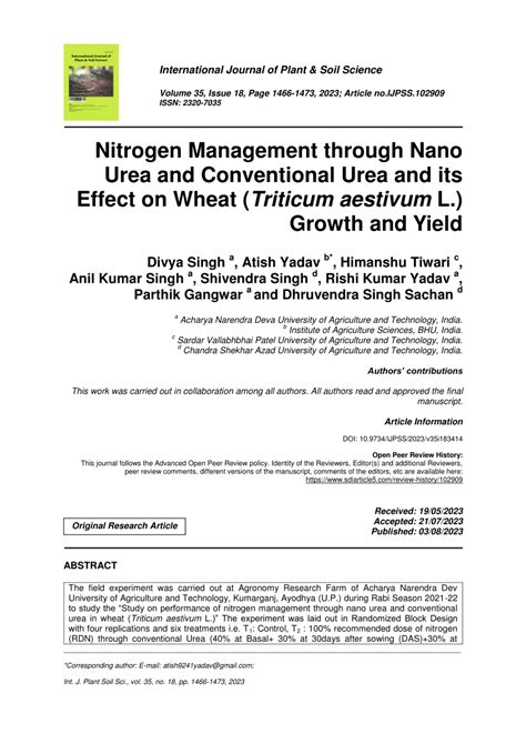 Pdf Nitrogen Management Through Nano Urea And Conventional Urea And