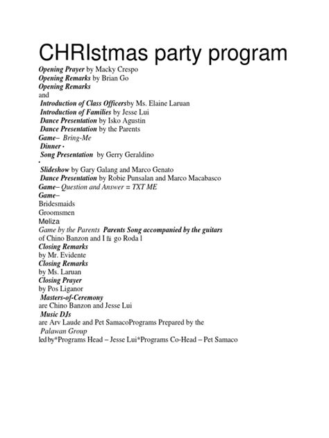 CHRIstmas Party Program Opening Prayer