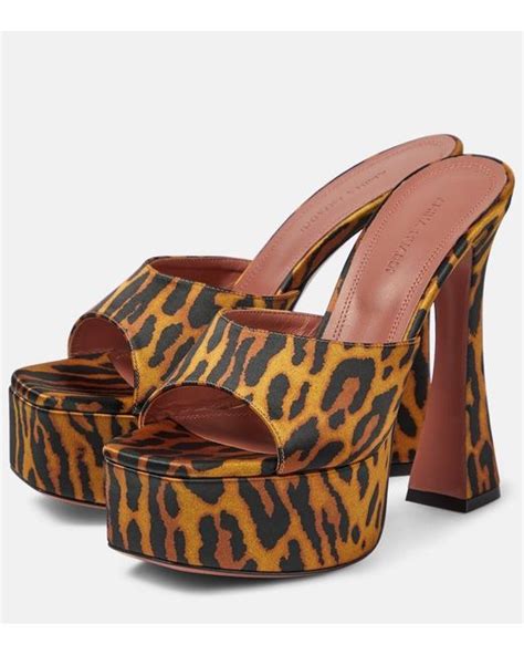 Amina Muaddi Dalida Leopard Print Satin Platform Mules In Brown Lyst