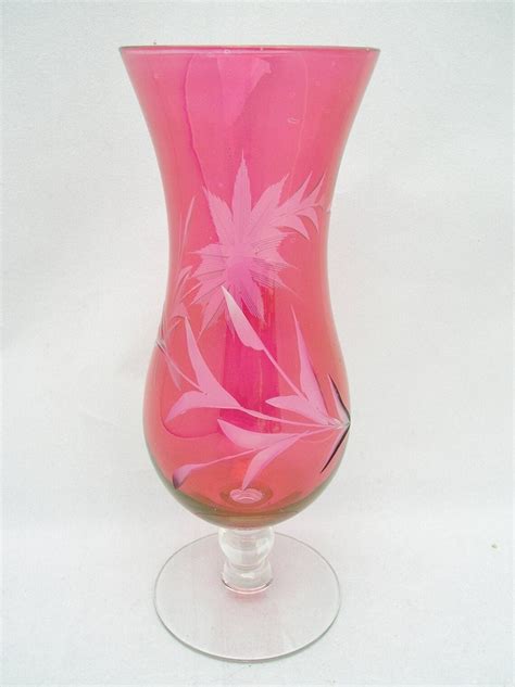 Cranberry Glass Vase Etched Flower Vase Pink Vase With Etsy