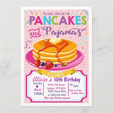 Pancakes Pajamas Birthday Invite Girl Party Zazzle Pancakes And