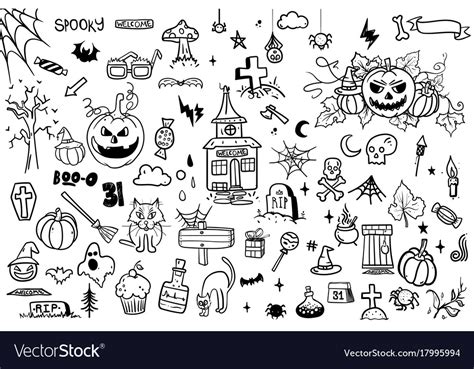 Halloween Doodle Set On White Background Creative Vector Image