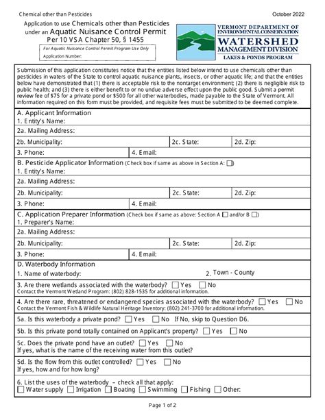 Vermont Application To Use Chemicals Other Than Pesticides Under An