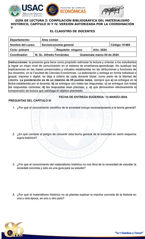 GUIA Lectura 2 Socioeconomia CAP III IV MAR 2024 1 GUÍA DE LECTURA 2