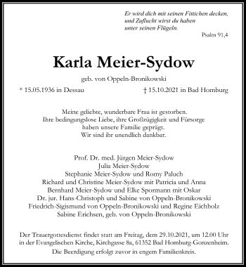 Traueranzeigen Von Karla Meier Sydow Trauer Rheinmain De