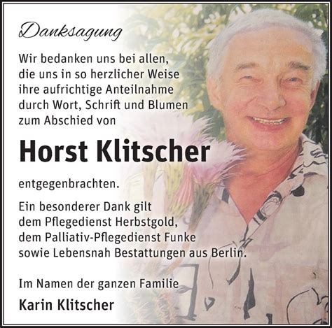 Traueranzeigen Von Horst Klitscher M Rkische Onlinezeitung Trauerportal