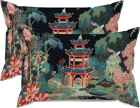 Missuysa Asian Throw Pillow Case Chinoiserie Charcoal Coral