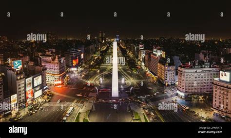 Drone shot of the Obelisk in downtown Buenos Aires at night Stock Photo ...