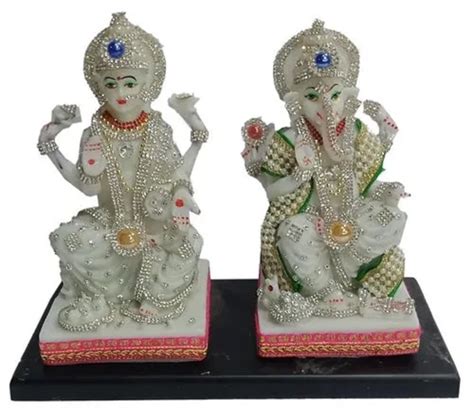 Traditional Hindu 7 Inch White Marble Dust Laxmi Ganesh Statue For