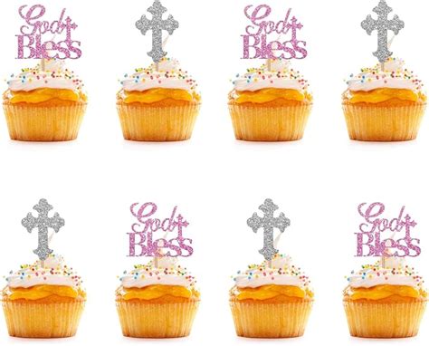 Amazon God Bless And Cross Cupcake Toppers Pink Silver Glitter