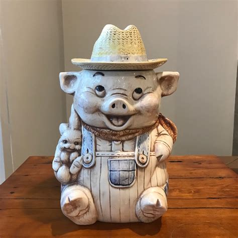 Vintage Ceramic Farmer Pig Cookie Jar By Treasure Craft USA Pottery