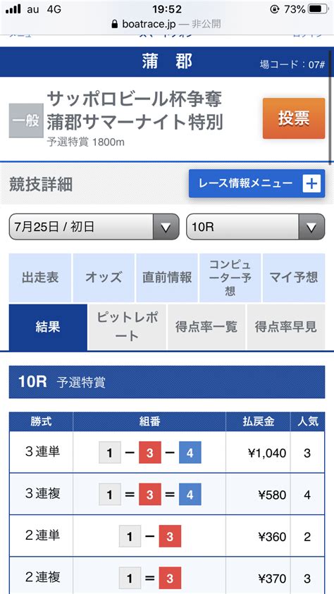 725 🎯的中報告🎯 ㊗️蒲郡競艇㊗️🎊10r 104倍 絶好調🎉本命3点 🎉🔥勝負レース🔥的中㊗️🎊写メ🌈｜🔥競艇予想 てっちゃん🔥