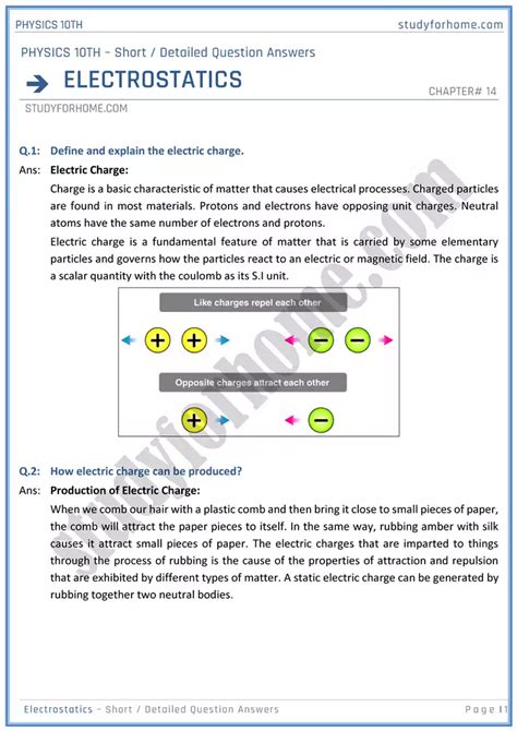 Electrostatic Short And Detailed Question Answers Physics 10th