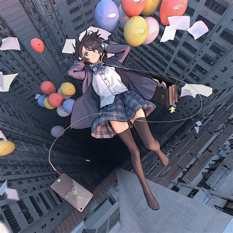 2048x2048 Anime Girl Falling School Uniform Balloon 4k Ipad Air Hd 4k