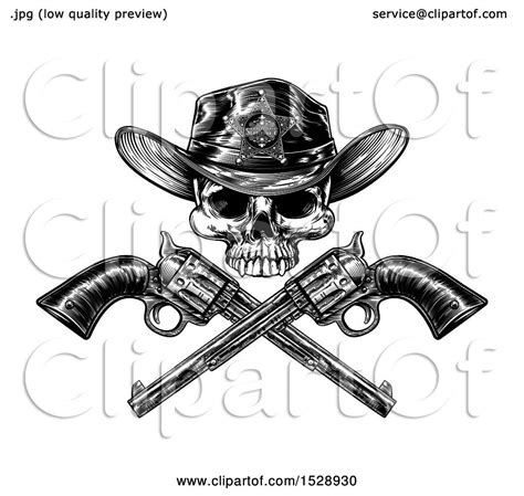 Clipart Of A Cowboy Sheriff Skull Over Crossed Guns In Black And White