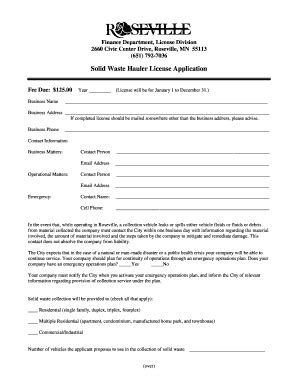 Fillable Online Solid Waste Hauler License Application Roseville Mn