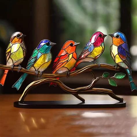 Stained Glass Birds On Branch Desktop Ornaments Libiyi Metal Birds