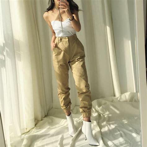 Free Shipping Spring Vintage Chain Black Cargo Pants Women High Waist Pants Joggers Baggy