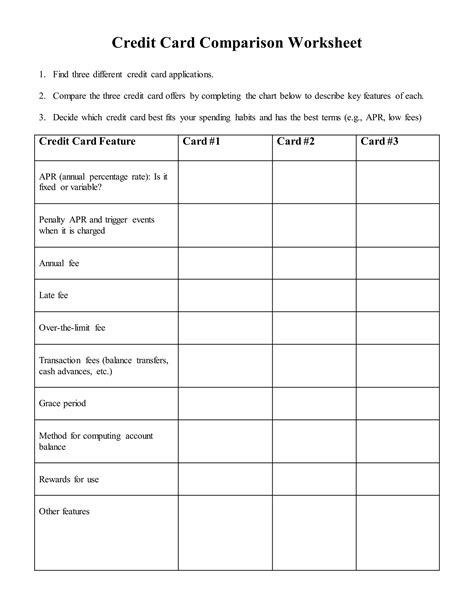 Credit Card Comparison Worksheet Pdf