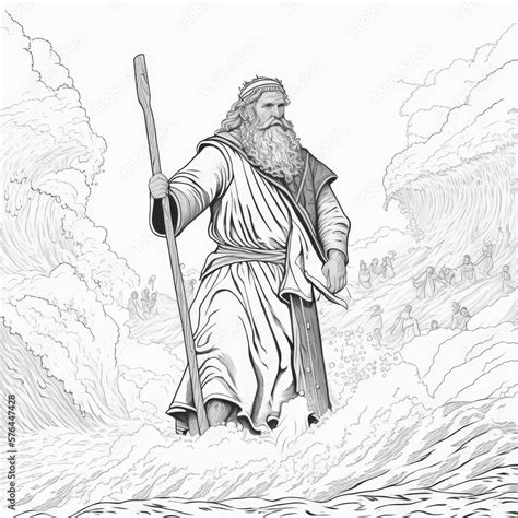 Realistic Line Art Of Moses Parting The Red Sea Generative AI Stock