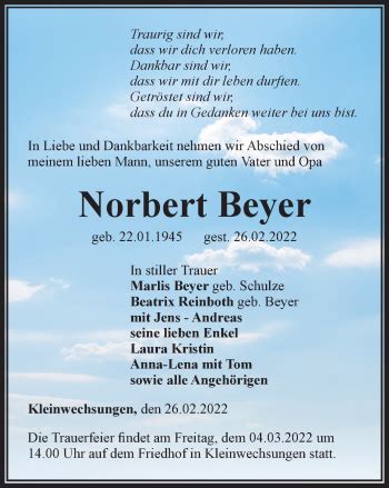 Traueranzeigen Von Norbert Beyer Trauer In Thueringen De