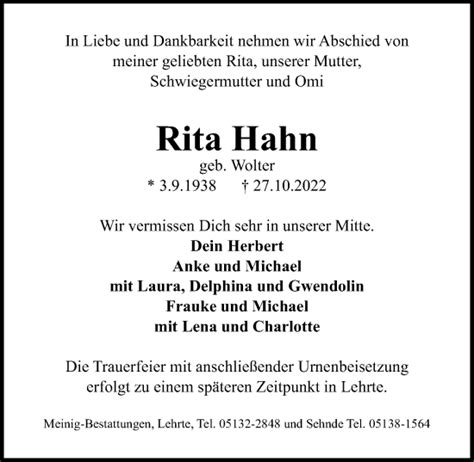 Traueranzeigen Von Rita Hahn Trauer Anzeigen De