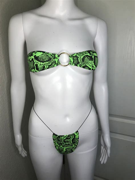 Neon Green Snakeskin Bikini Stripper Outfit Bandeau Micro Bikini Exotic