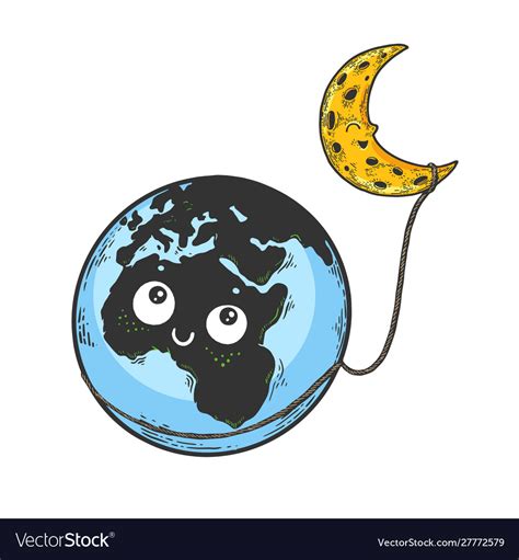 Cartoon earth and moon sketch engraving Royalty Free Vector