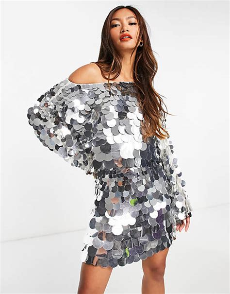 Asos Design Slouchy Embellished Mini Dress In Silveroversized Disc Sequin Asos