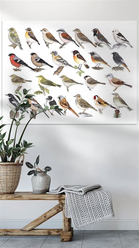 A Bunch Of Birds Sitting On Top Of A Wooden Bench Next To A Potted Plant