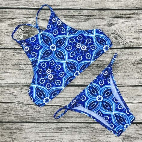 2016 Beach Sexy Blue Tie Dye Bikini Print Women High Neck Halter Crop