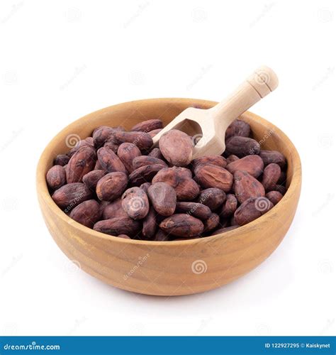 Cocoa Fruit In A Wooden Bowl Raw Cacao Beans Isolated On A Whit Stock