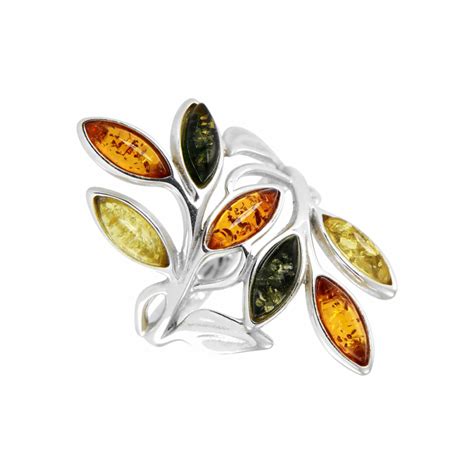 Bague Ambre Multicolore Sur Argent 925 Ref 44556