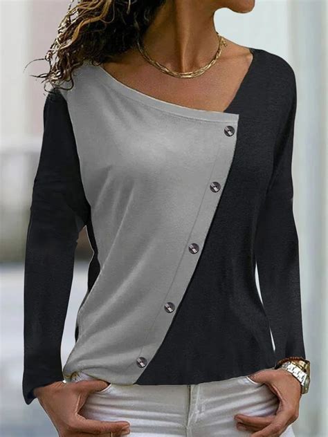 Black Grey Casual V Neck Patchwork Long Sleeve Blouse Azzlee