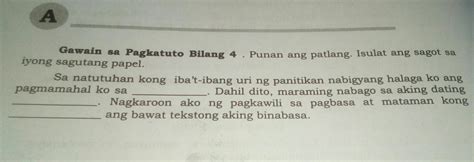 Gawain Sa Pagkatuto Bilang 4 Punan Ang Patlang Isulat Ang Sagot Sa