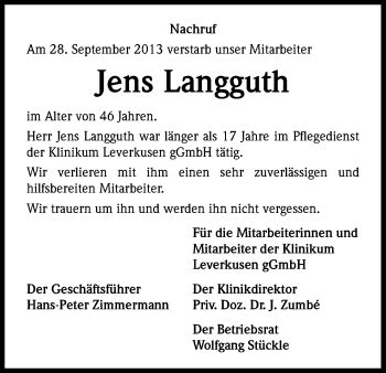 Traueranzeigen Von Jens Langguth WirTrauern