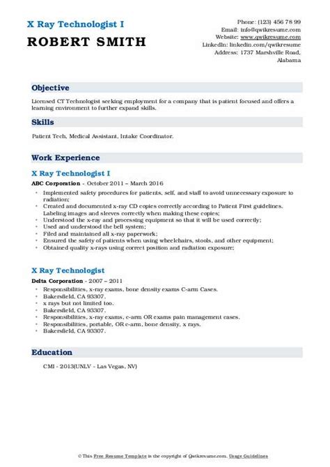 X Ray Technologist Resume Samples | QwikResume