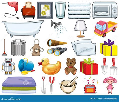 Large Set Of Household Items And Many Toys On White Background Stock